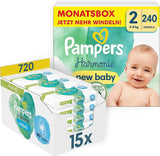 Harmonie Babywindelset Größe 2 (4–8 kg, 240 Teile), Monatsbox und Harmonie Aqua Baby Feuchttücher Box 720 Tücher (15 x 48), Baby Essentials