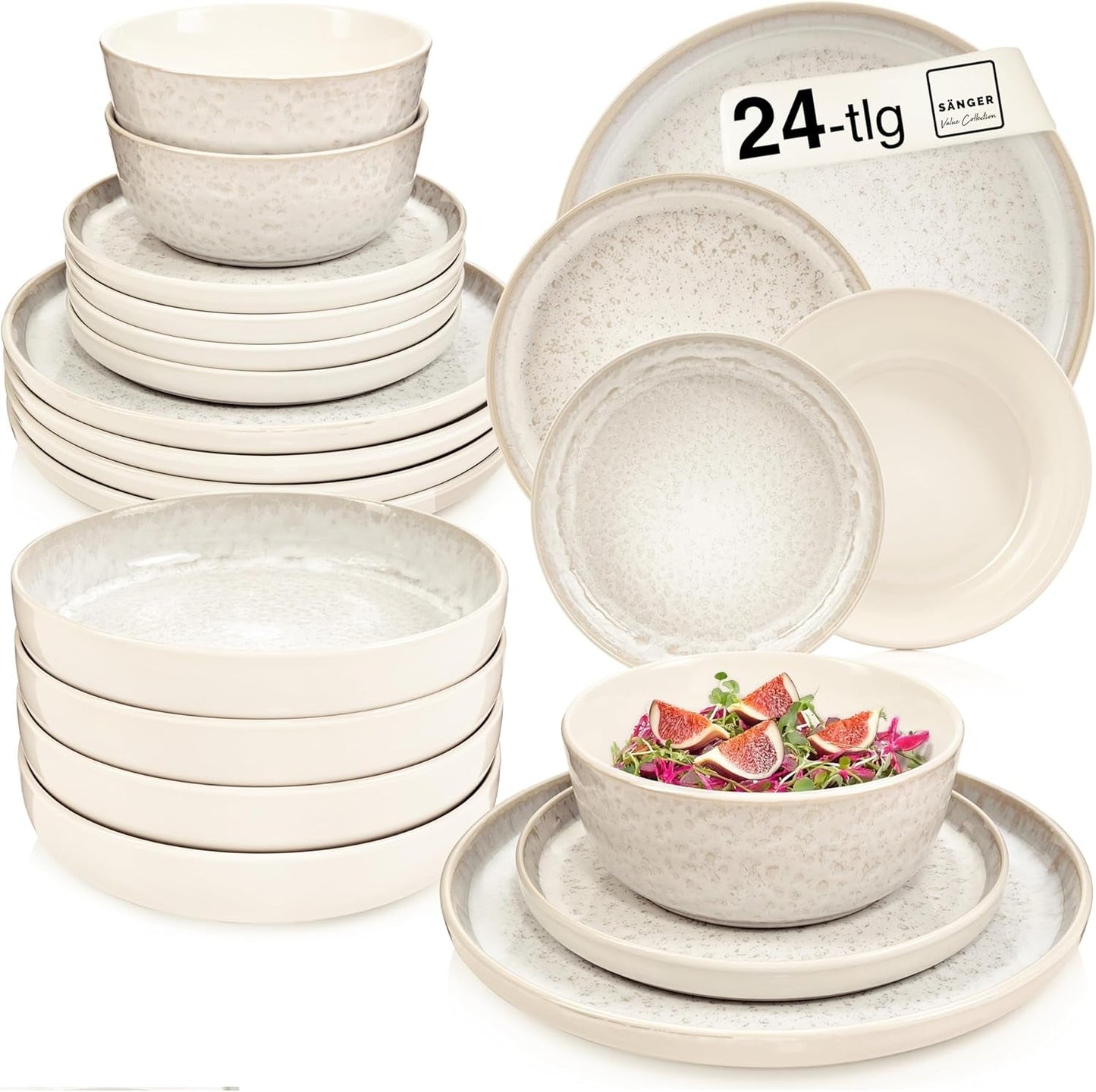 SÄNGER Key West | Steinzeug-Geschirr-Set, 24-teiliges Speiseteller-Set für 6 Personen, 6 Speiseteller, Müslischalen, Dessertteller, Nudelschalen, cremefarbenes Geschirr mit sandiger Textur | DIE VALUE-KOLLEKTION
