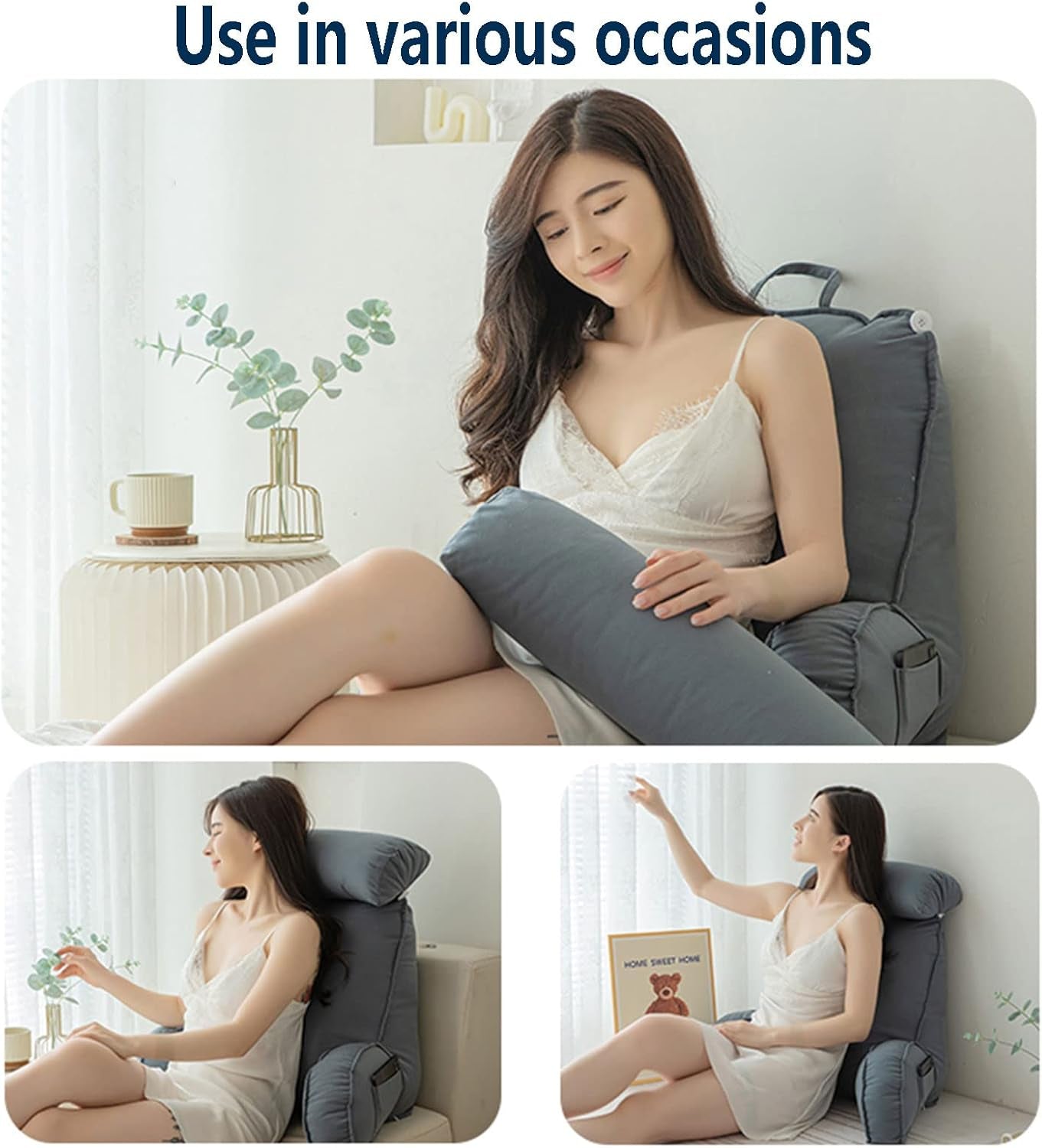 Lesekissen mit Armlehnen, Sofa-Rückenkissen, Bücherkissen fürs Bett, mit abnehmbarer Nackenrolle, Stuhlstützkissen zum Entspannen, Spielen, Lesen, Fernsehen, Champagnerfarbe