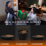 12-teiliges Geschirrset aus Steingut – Linie Prairie – Elegantes Design in Braun-/Schwarztönen, Set bestehend aus 4 Speisetellern, 4 Desserttellern und 4 Speisetellern/Premium-Kollektion