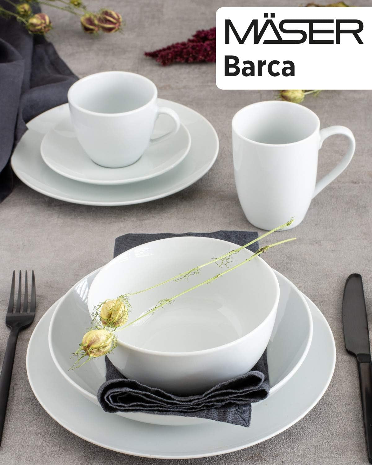 Mäser Barca Geschirrset für 6 Personen, 12er-Set, Porzellan, weiß