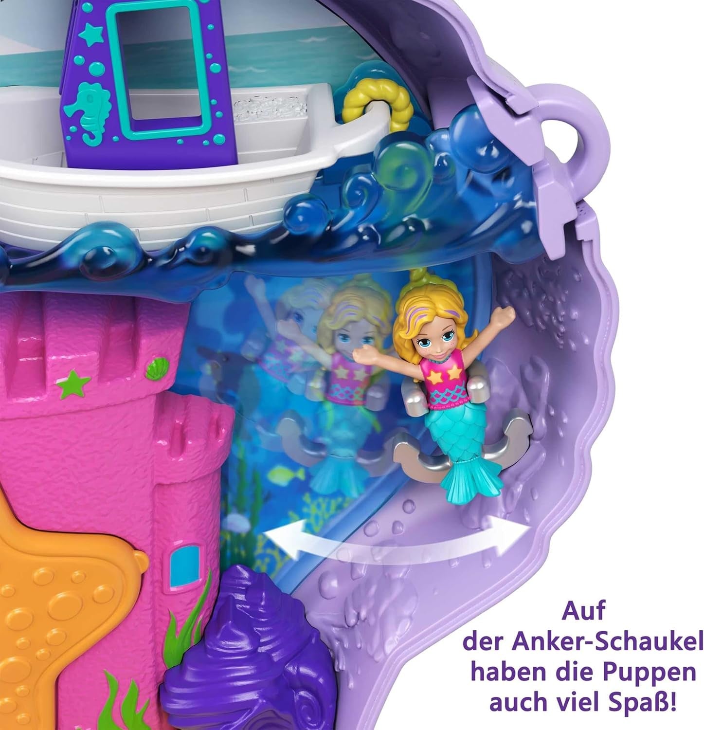 Polly Pocket-Aufbewahrungsbox, Muscheltasche mit 2 Puppen und 1 U-Boot-Polly Pocket-Meerjungfrau-Spielzeug, ab 4 Jahren, GNH11