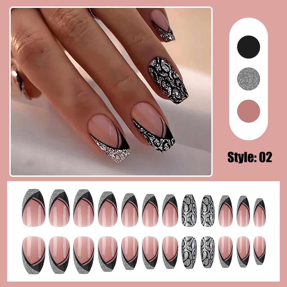 Künstliche Nägel, natürlicher Glitzer, kurzes Aufdrücken, selbstklebende Glitzernägel aus Acryl für Frauen und Mädchen, Nagelkunst-Zubehör, 48 Stück
