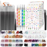 FANDAMEI Pinsel Für Gelnägel, 15 Stück Nagel Pinsel, 5 Blätter Nagelsticker, Strasssteine ​​​​Nägel, Nageldesign Set, Nageldesign Zubehör, Nail Art Pinsel Set, Nailart Pinsel Und Dekorationen Set