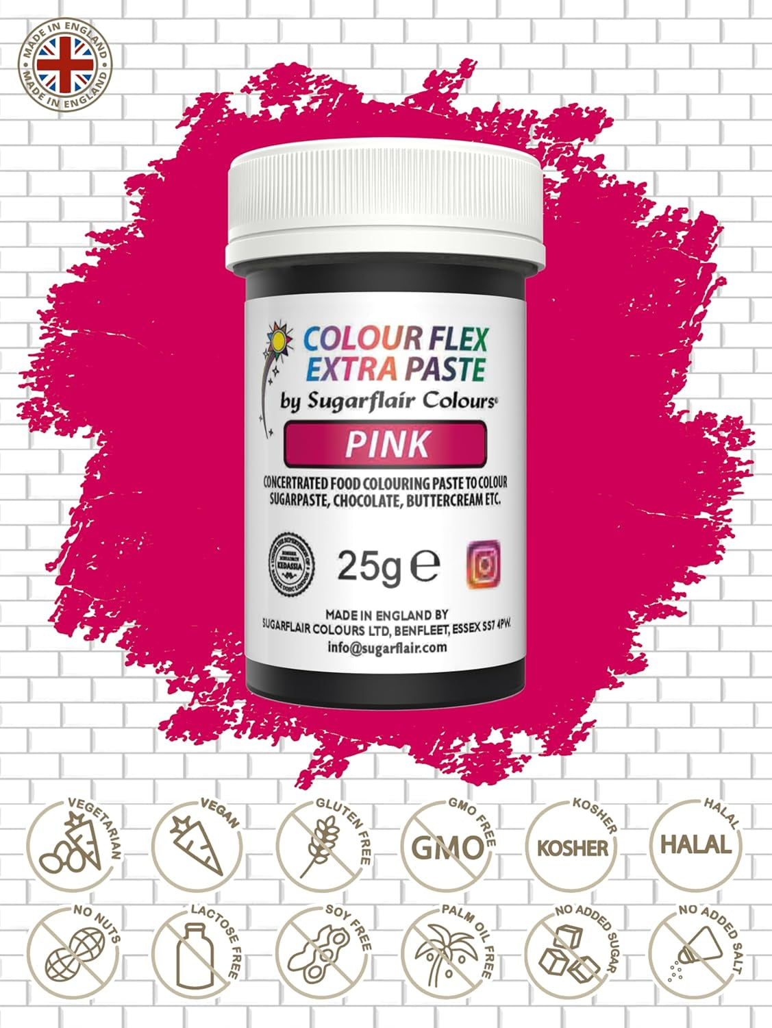 Lebensmittelfarbpaste Sugarflair Colourflex Extra Pink Paste – Essbare Lebensmittelfarbe für Buttercreme, Schokolade, Zuckerpaste, Glasur, Fondant, Kuchenmischungen, Teig und mehr – 25 g