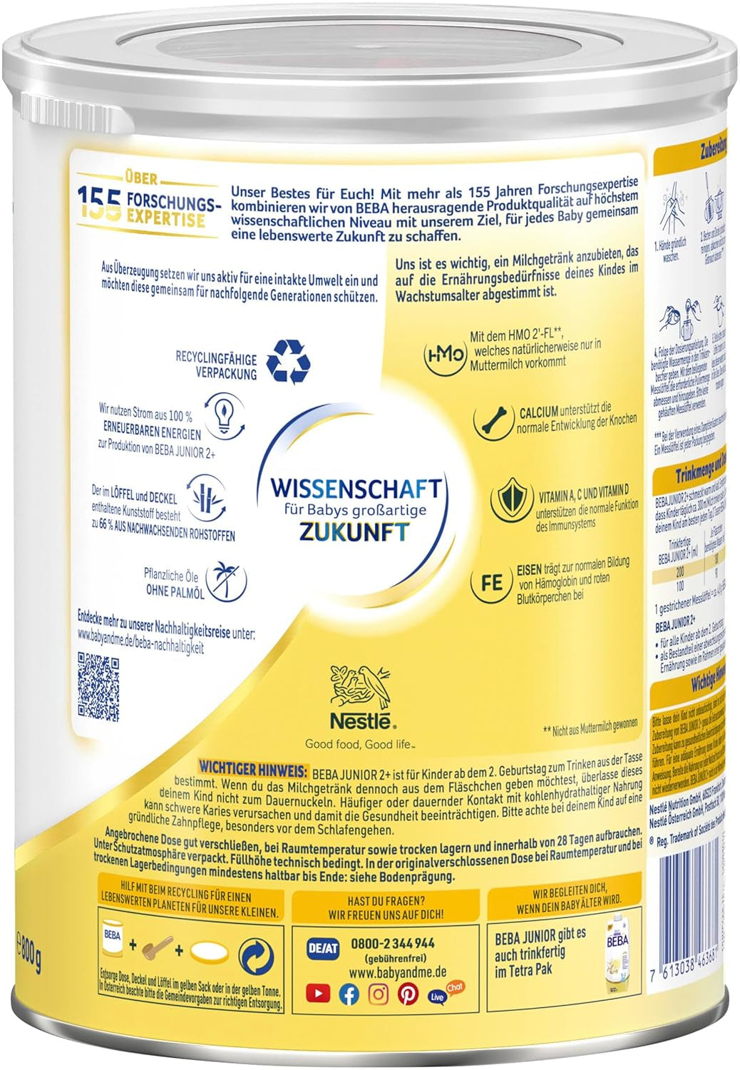 BEBA Junior 2+ Milchgetränk ab 2 Jahren, Mit HMO, Altersgerechter Proteingehalt, Nur Laktose, Ohne Palmöl, Ohne Fischöl, Kleinkindnahrung, Babymilchpulver, 6er Pack (6 x 800g)
