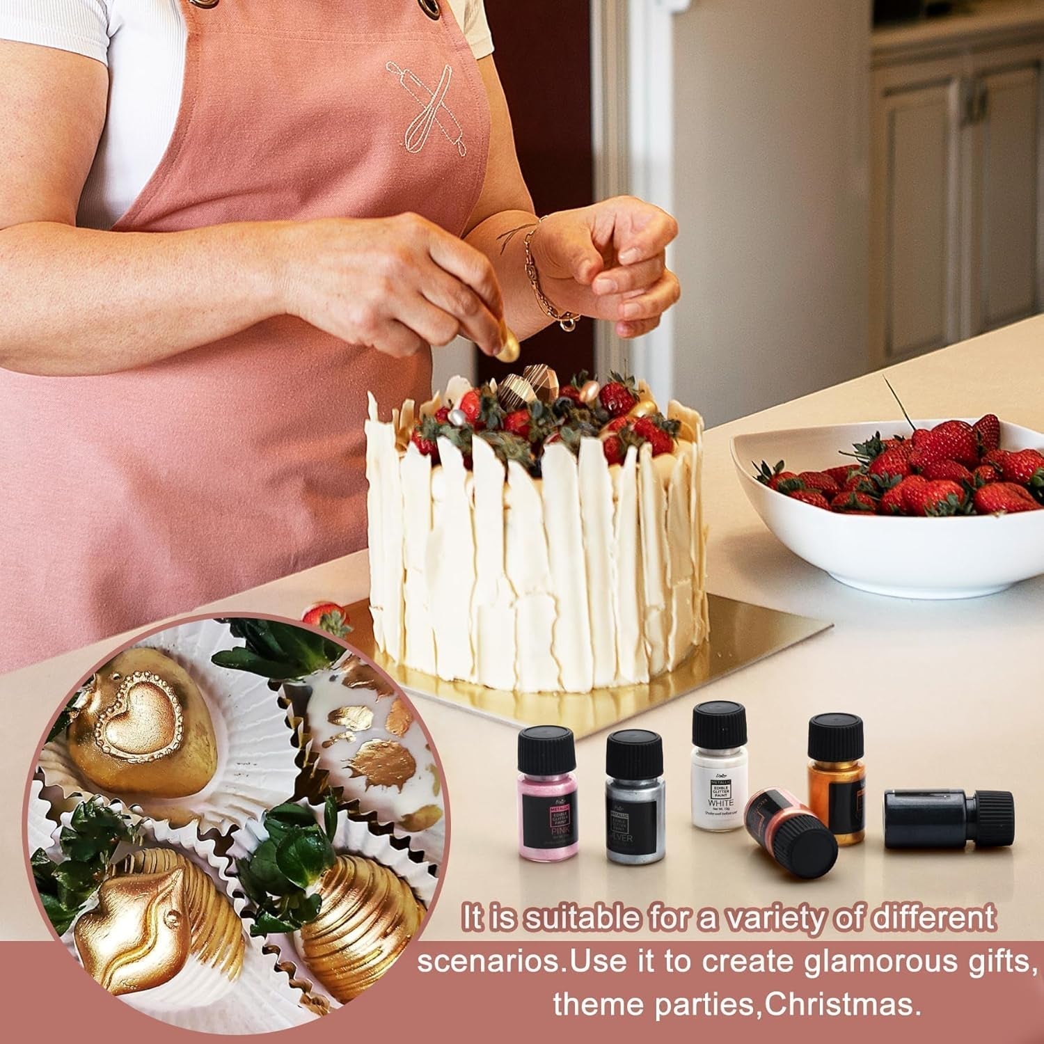 Flüssiger essbarer Glitzer – 6 Metallic-Farben, flüssiges essbares Glitzerpulver zum Dekorieren von Kuchen, Backen, Macarons – metallische Lebensmittelfarbe, Glitzerfarben für Kekse, Fondant, Kuchen, Muffins