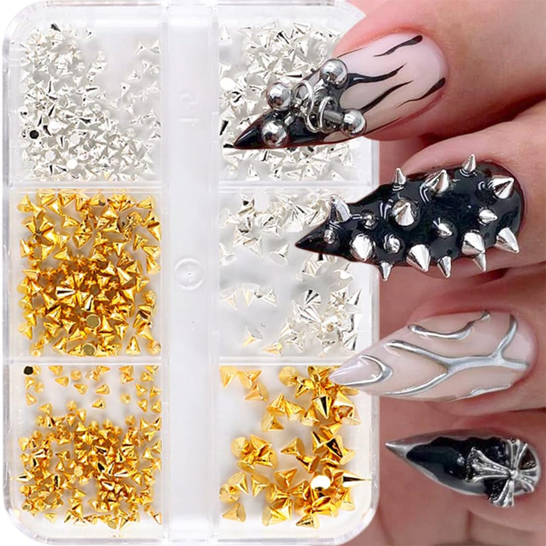 Mini Metall Nieten Punk Nail Charms Gold Silber Strasssteine ​​​​Nägel Charm Kegel Spikes Nagelschmuck Glitzersteine ​​​​Nail Art Studs Nagel Steine ​​​​Legierung Nagelanhänger Rhinestones Nageldesign Zubehör