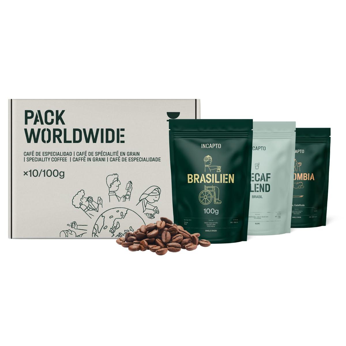 Auswahl an Incapto-Kaffeebohnen weltweit | Auswahl von 10 Ursprüngen aus aller Welt | Spezialitätenkaffee | 100 % Arabica | Ideal als Kaffee-Geschenkset | Für Kaffeeliebhaber | 10 Packungen x 100 g