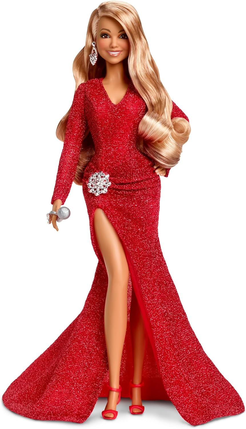 Barbie Mariah Carey – Sammlerpuppe mit glitzerndem roten Kleid, Rüschen, Schlitz, bezaubernden Locken, silbernen Accessoires, roten High Heels, Weihnachtstradition, Dekoration, HJX17