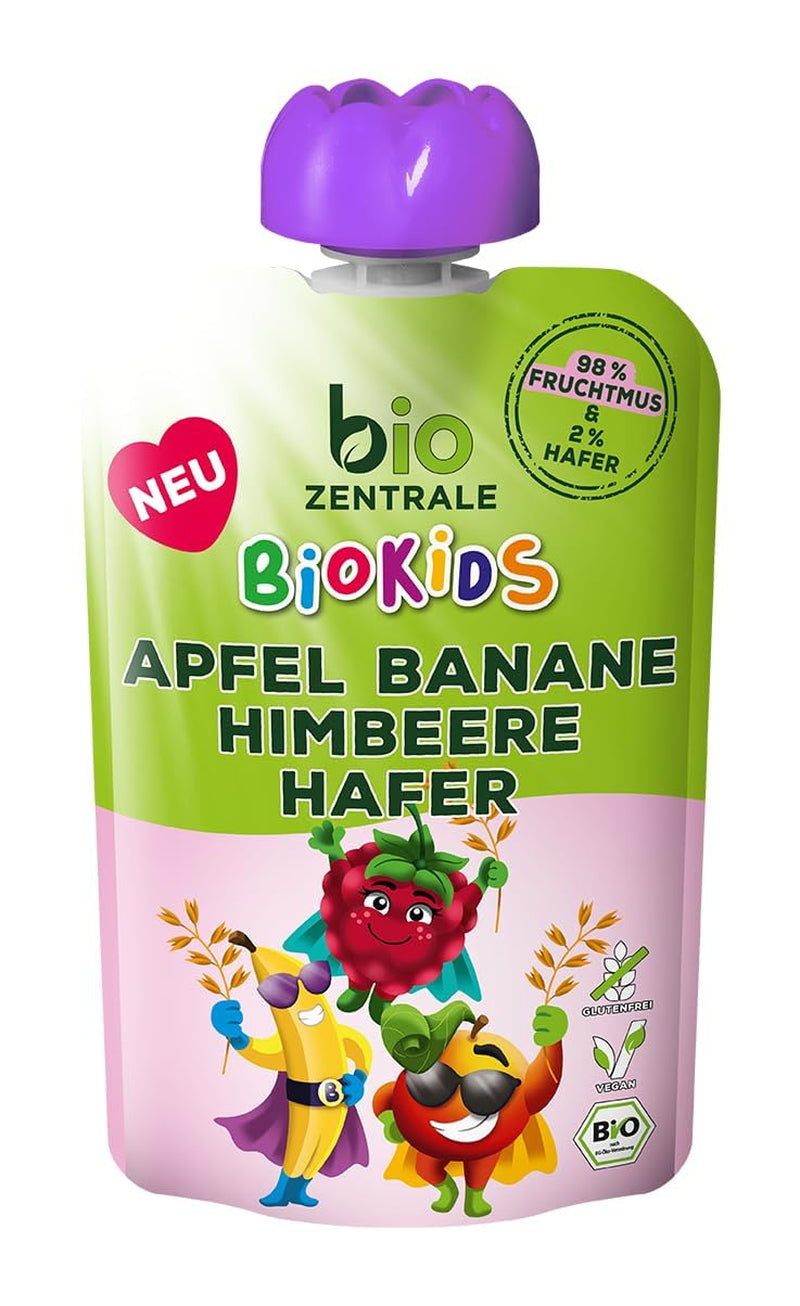 biocentral BioKids Fruchtpüree Apfel Banane Himbeere Hafer | 12 x 90g | Fruchtiger Snack ohne Zuckerzusatz | Vegan