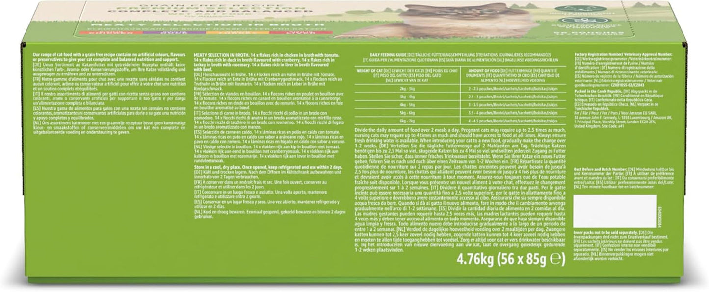 Getreidefreies Nassfutter für Katzen von Amazon für ausgewachsene Katzen, Fleischauswahl in Brühe, 4,76 kg, 56 Packungen à 85 g (ehemals lebenslang)
