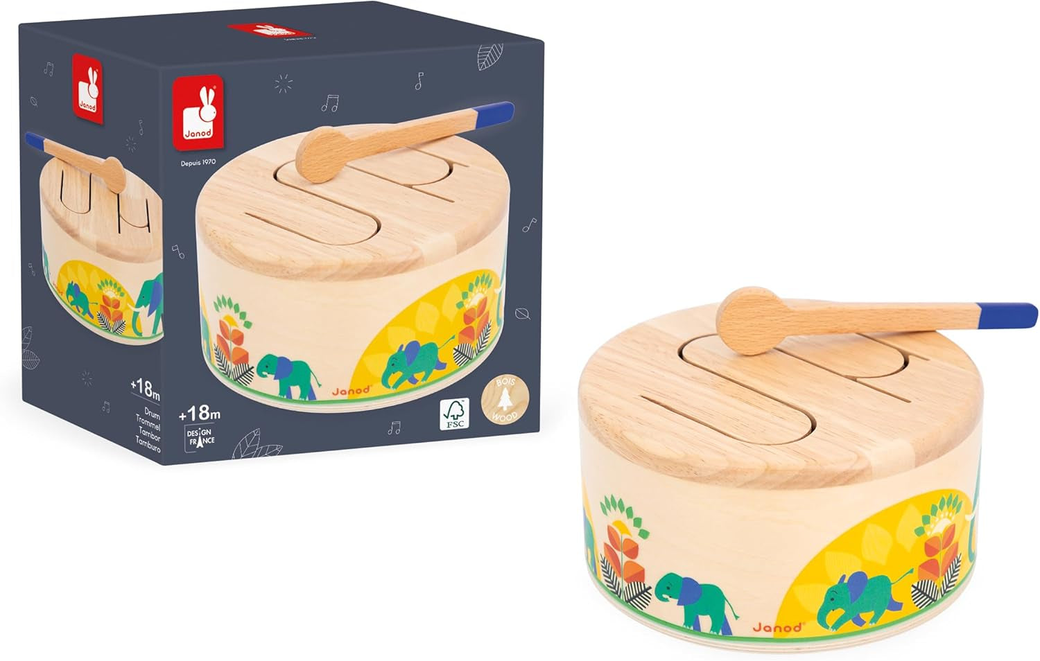 Janod - Gioia Drum - FSC-Holztrommel + Trommel - Rollenspiel und musikalische Früherziehung - Aquarell - Ab 18 Monaten, J07650 Bebe Toys Naty Shop