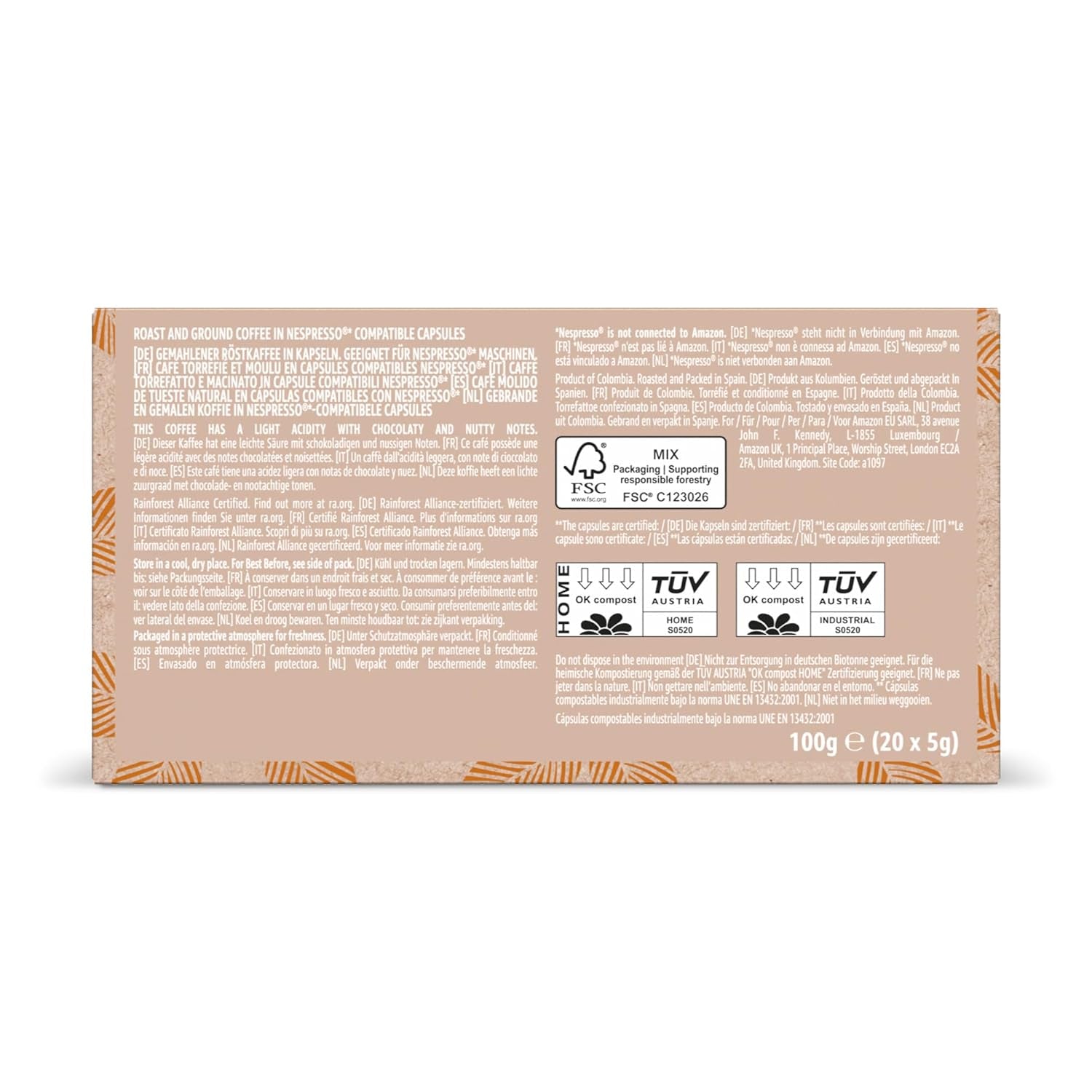 Von Amazon Heimkompostierbare Kaffeekapseln, kompatibel mit Nespresso, 100 % kolumbianischer Arabica, 20 Stück – Rainforest Alliance-zertifiziert