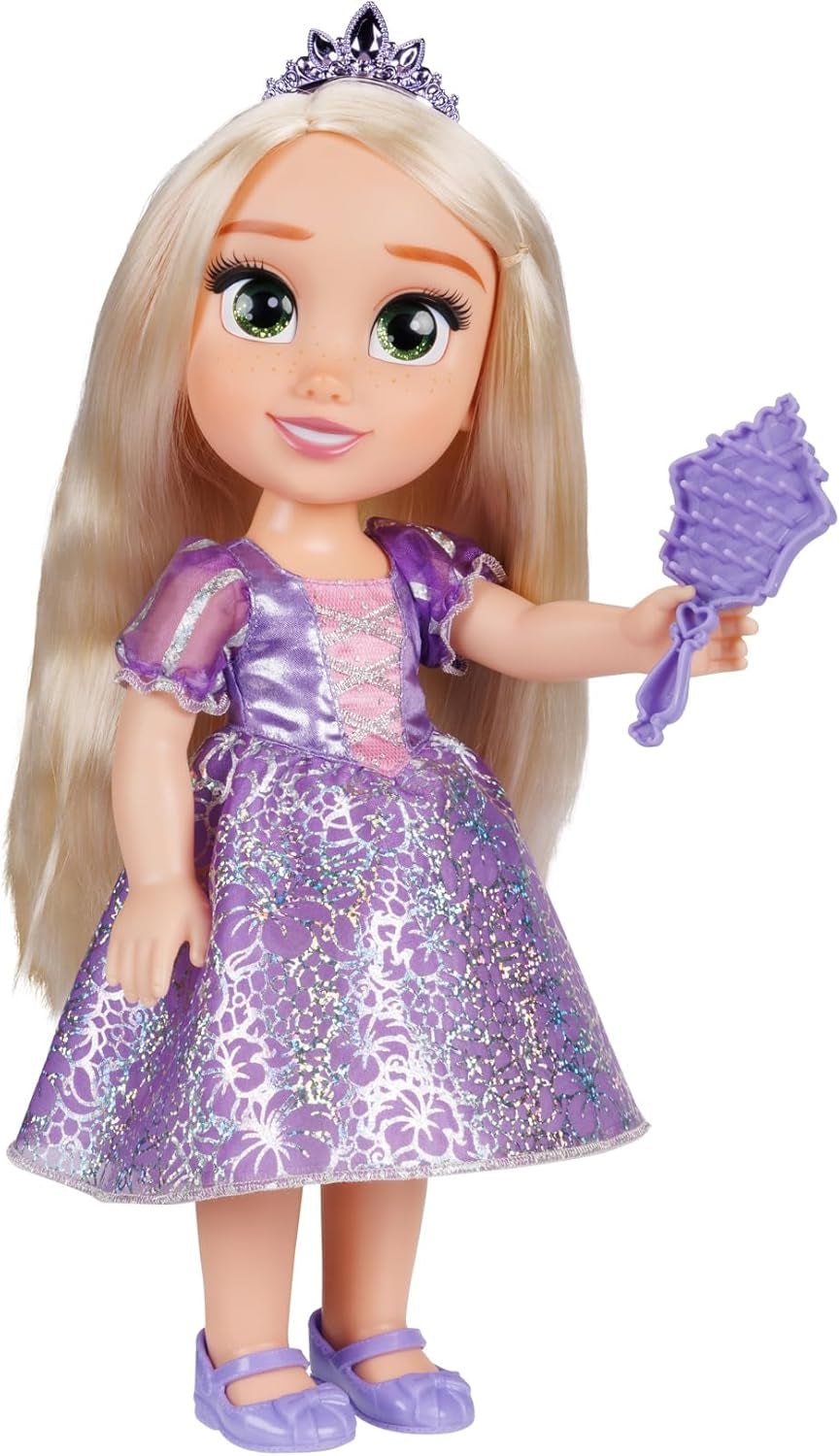 Disney Princess Rapunzel 35 cm große Puppe, reflektierende Glitzeraugen, bewegliche Gelenke, abnehmbares Kleid, Schuhe, Krone, langes blondes Haar, für Mädchen ab 3 Jahren