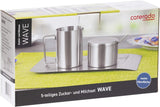 Set mit 4 Milch- und Zuckerbehältern, Modell Wave, 400-1655, aus gebürstetem Edelstahl 18/10. Das Set besteht aus jeweils einem Tablett.
