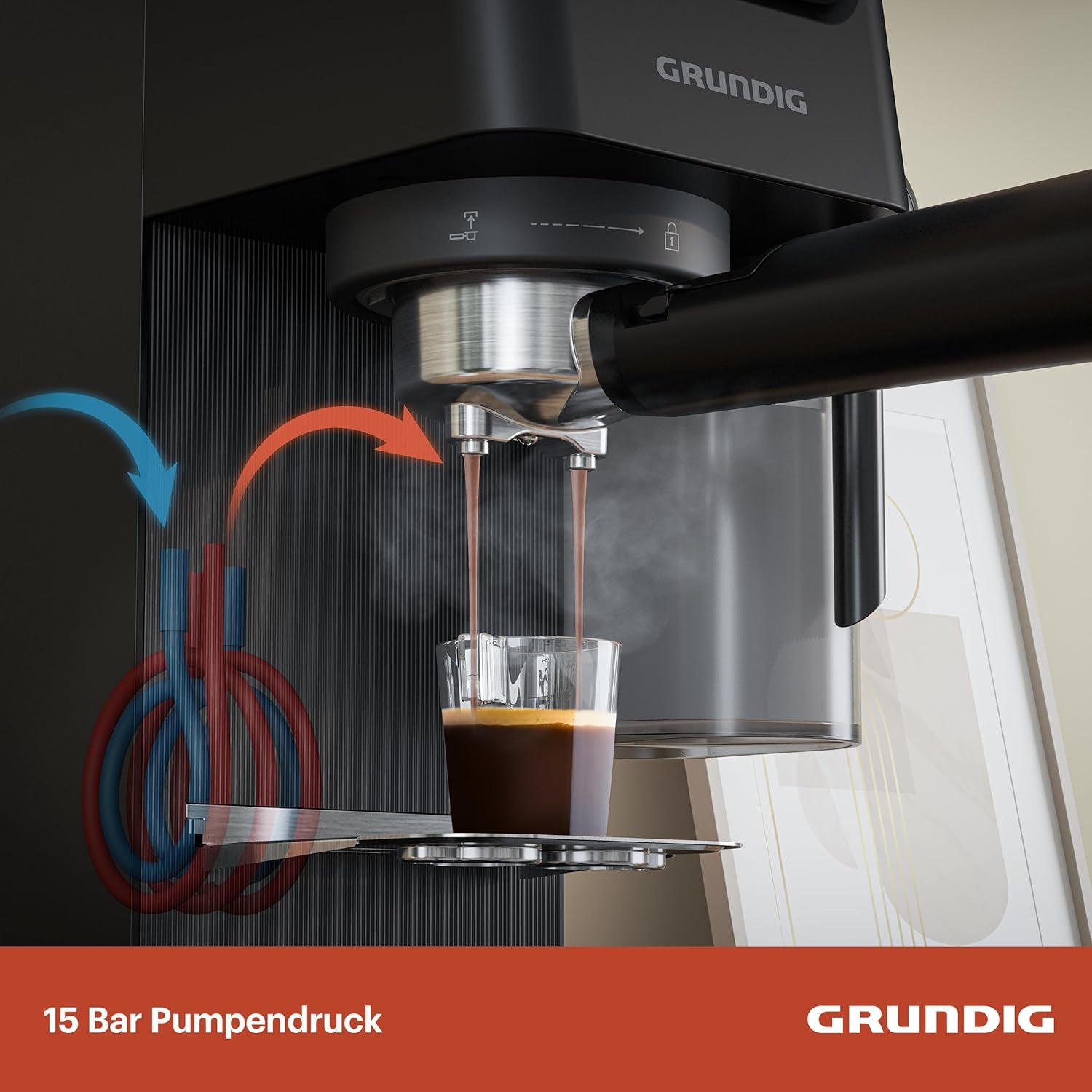 Siebträger-Espressomaschine GRUNDIG KSM 5330 mit integriertem Milchbehälter, Leistung 1628 W, Pumpendruck 15 bar, Doppeldüse, farbiges Touch-Display, BrewSense, CreamyPro, Edelstahl dunkel/Schwarz