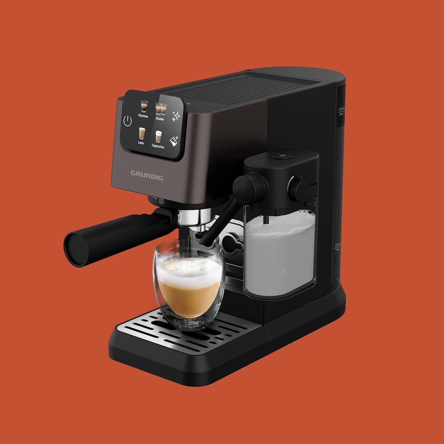 Siebträger-Espressomaschine GRUNDIG KSM 5330 mit integriertem Milchbehälter, Leistung 1628 W, Pumpendruck 15 bar, Doppeldüse, farbiges Touch-Display, BrewSense, CreamyPro, Edelstahl dunkel/Schwarz