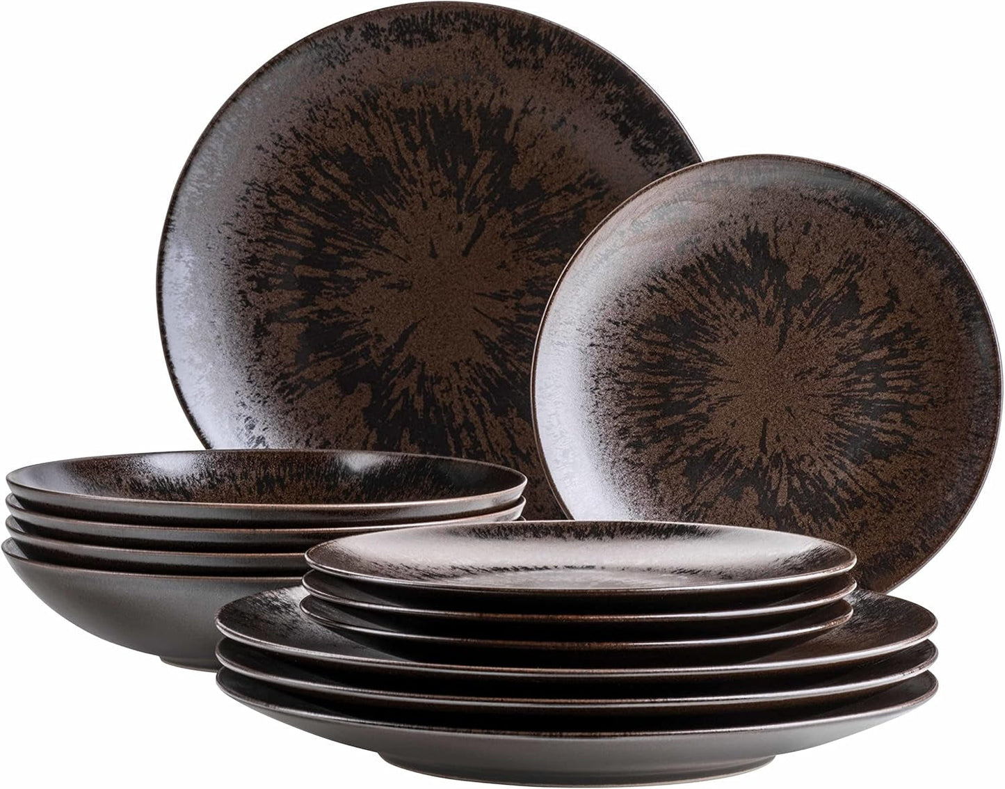 MÄSER Bronze Metallic 12-teiliges Tafelservice für 4 Personen mit eleganter und glänzender Glasur. Speiseteller-Set bestehend aus Speiseteller, Speiseteller und Dessertteller aus hochwertiger Keramik, Steinzeug, Braun