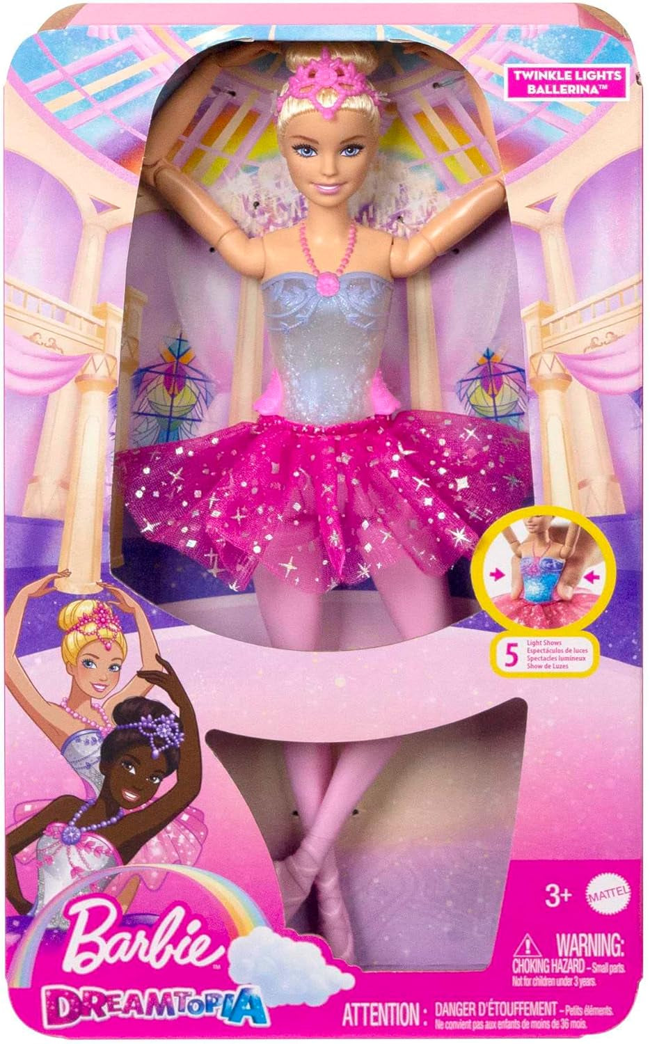 Barbie Dreamtopia Magic Light Ballerina-Puppe mit rosa Tutu und blonden Haaren, 5 Licht- und Soundeffekte, bewegliche Barbie, ab 3 Jahren, HLC25 Naty Shop-Puppen