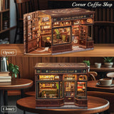 CUTEBEE Bücherecken-Set – DIY-Puppenhäuser, LED-beleuchtetes Miniaturhaus-Bauset für Erwachsene, 3D-Holzpuzzle und Bücherständer – Bücherregal-Dekoration und Geschenk (Eckcafé)