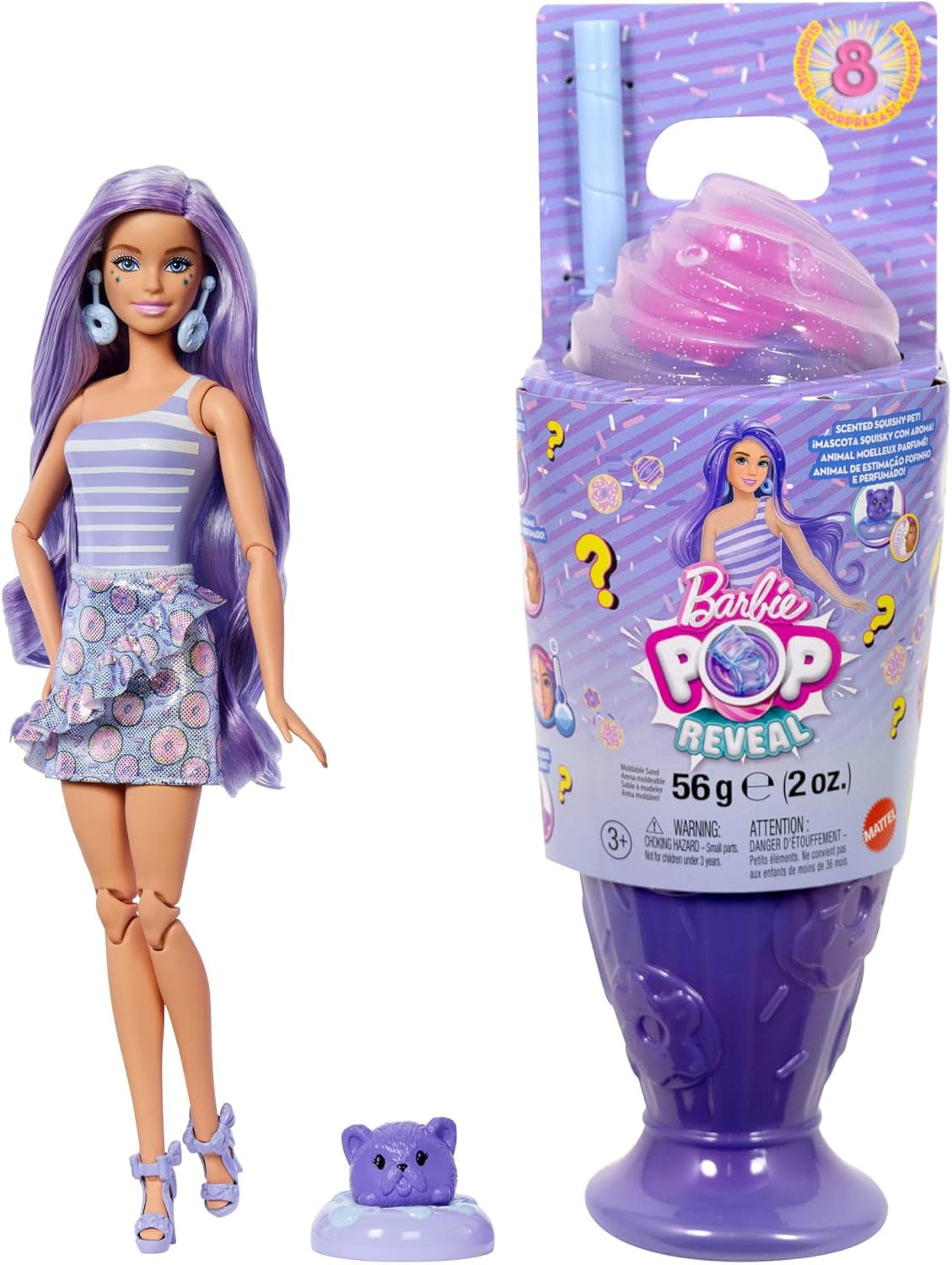 Barbie Pop Reveal Series Set mit Modepuppe und Zubehör, Candy Series, Donut Dreams Design mit Haustier, 8 Überraschungen inklusive Farbwechsel, JFY60