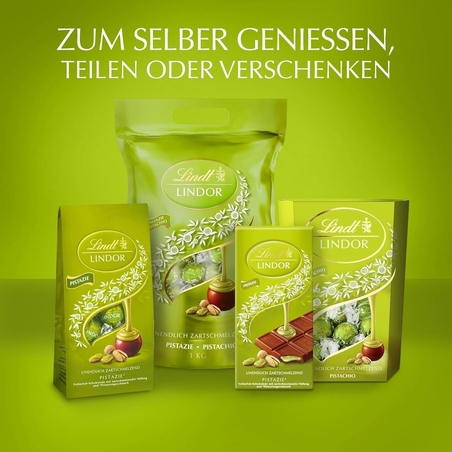 Lindt LINDOR Schokolade mit Pistazien | 1 kg wiederverschließbarer Beutel | ca. 80 Milchschokoladenkugeln mit zartschmelzender Pistaziencremefüllung | Großpackung, Pralinengeschenk