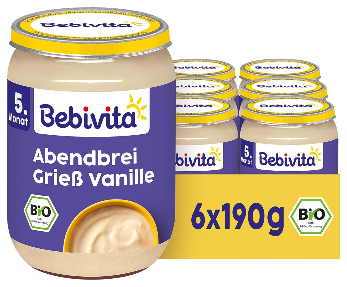 Abendbrei mit Bio-Grieß und Vanille (6 x 190g), ab 5 Monaten, ohne Zuckerzusatz, sehr sättigend, 100 % Bio-Qualität
