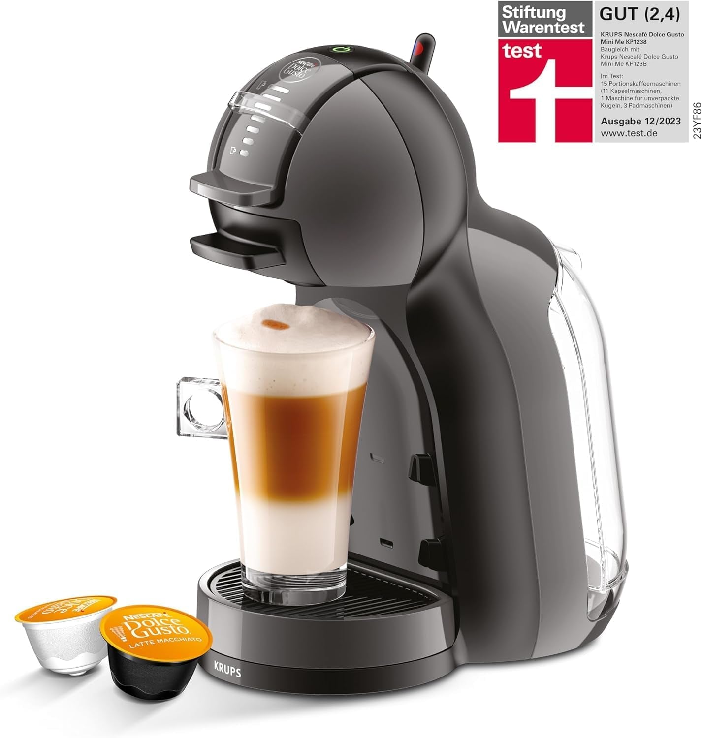 NESCAFÉ DOLCE GUSTO Krups KP1238 Mini Me Kaffeekapselmaschine, 15 Bar, kompakte Hochdruckkaffeemaschine, über 30 Kaffeekreationen, Getränkegröße wählbar, Schwarz/Anthrazit mit Dallmayr Prodomo