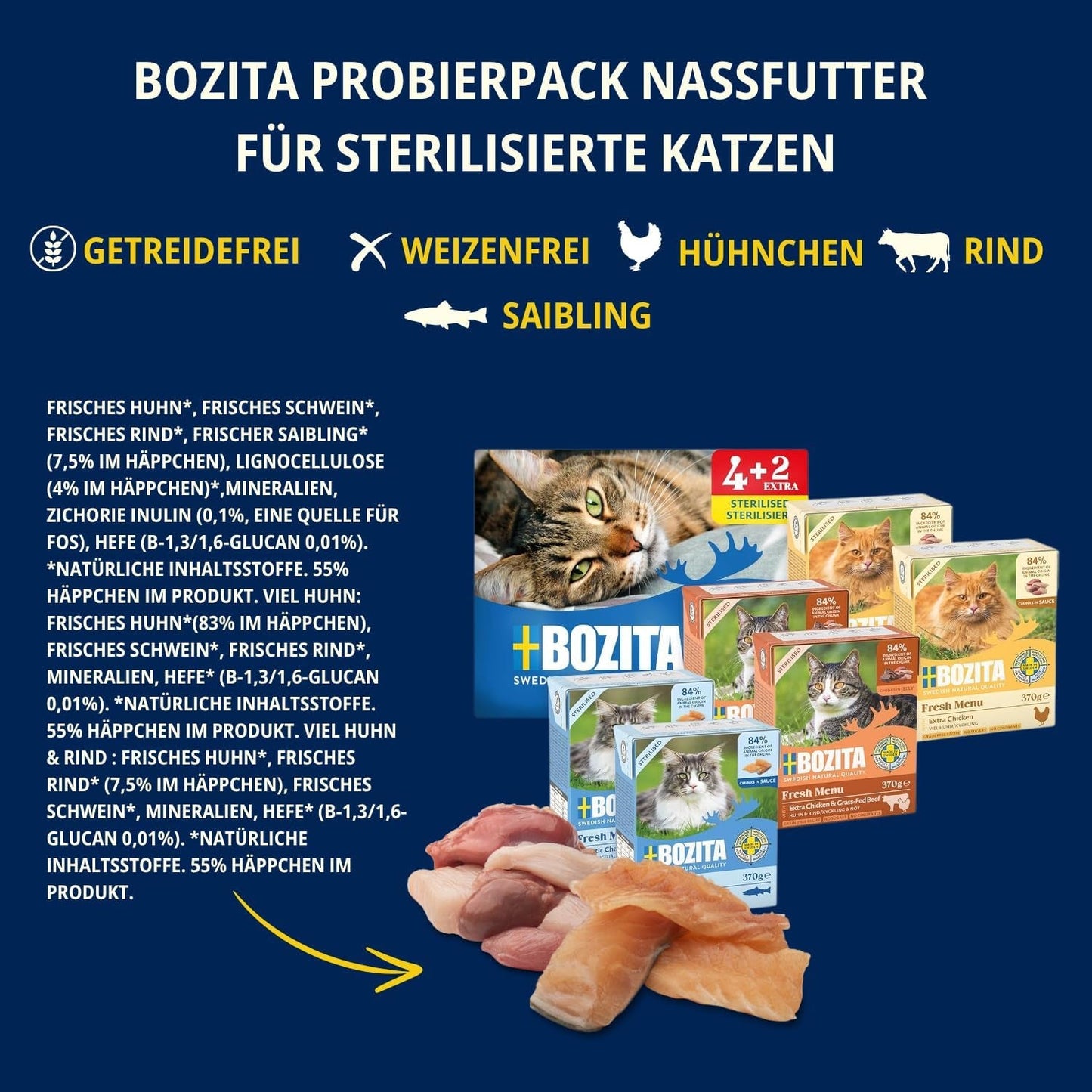 Probierpaket Bozita Tetra in Soße mit viel Huhn, Holzkohle und viel Huhn und Rindfleisch in Gelee – 4+2-6x370g Getreide- und zuckerfreies Futter für sterilisierte Katzen mit 7,5 % Eiweiß und 5 % Fett