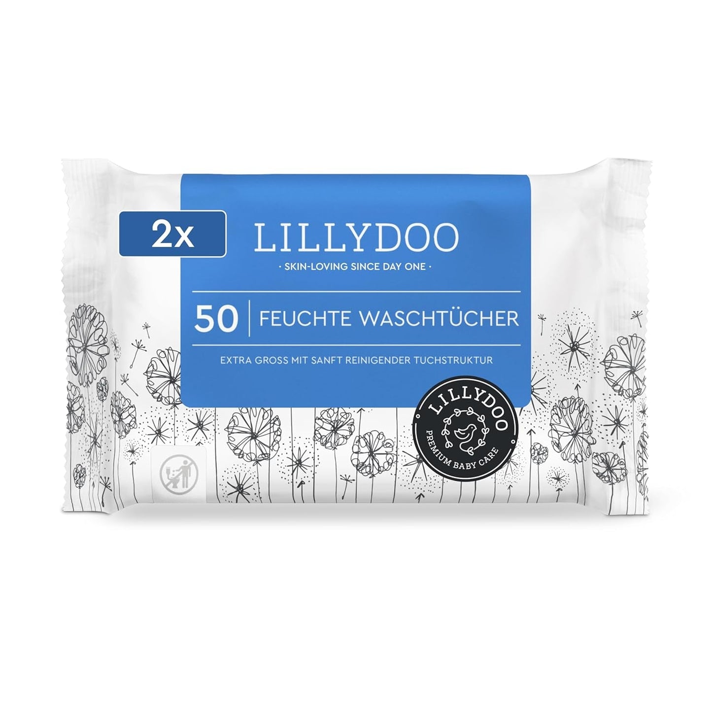 LILLYDOO Feuchttücher, 50 Stück, 100 % plastikfrei, extragroß, geruchsneutral