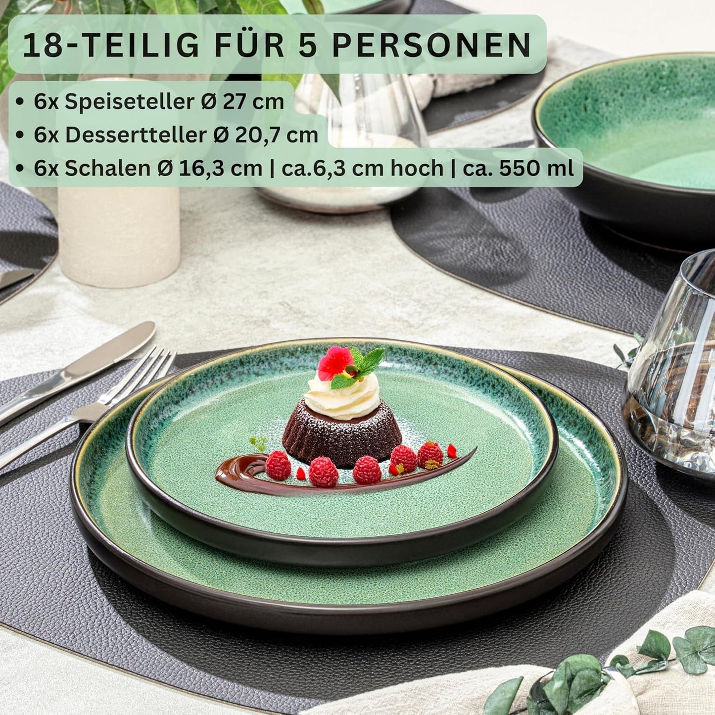 SÄNGER Greenwich | Steinzeug-Geschirrset, 18-teilig, Tellerset für 6 Personen, Geschirrset (6 Speiseteller, 6 Dessertteller, 6 Schüsseln), grün, kratzfest, Essgeschirr | DIE VALUE-KOLLEKTION
