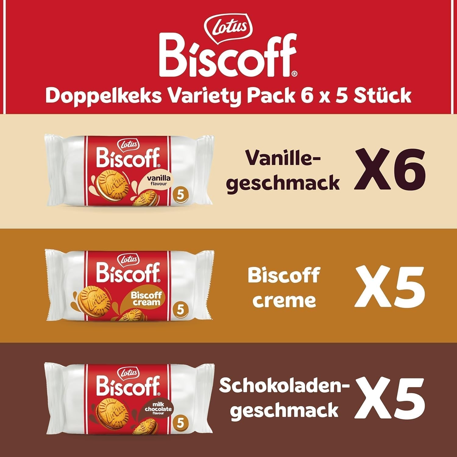 Lotus Biscoff | Doppelte Kekse-Sortenpackung | 3 Sorten: Biscoff Cream, Vanille- und Schokoladengeschmack | 5 Doppelkekse pro Packung | Inhaltsstoffe natürlichen Ursprungs | Keine Farbstoffe | 16 x 50g | 800g