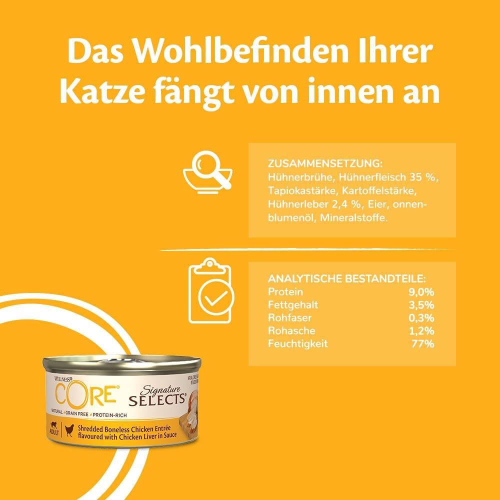 Wellness CORE Signature Selects 8 x 79 g, Hühner- und Truthahnmischung – Nassfutter für Katzen, köstliche Streifen in Soße, getreidefrei, natürlich, hypoallergen, proteinreich, reich an Fleisch