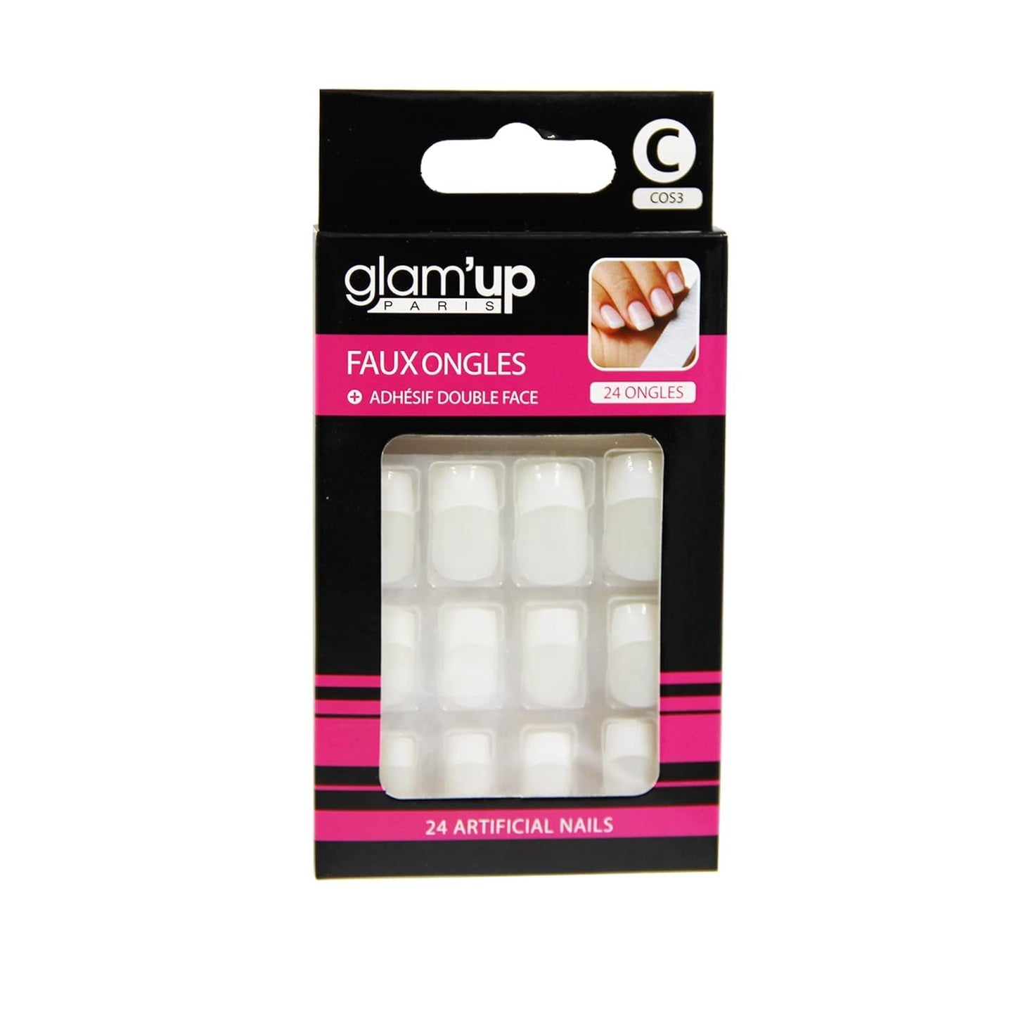 Glam'Up Paris – Künstliche Nägel – Vollständige Abdeckung – Einfache Anwendung – 24 künstliche Nägel pro Box + Doppelklebeband – XL-Quadratform – Nr. 3 – Französische Maniküre, Weiß