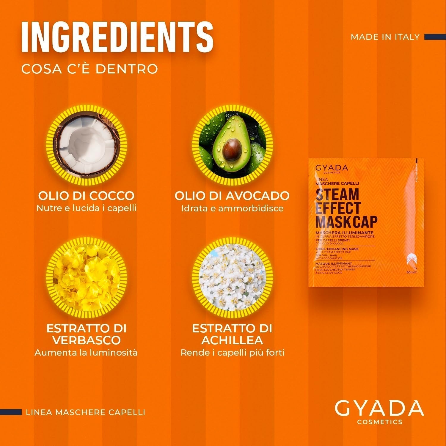 GYADA COSMETICS, Haarmaske aus leichtem und revitalisierendem Material, verleiht Glanz und Geschmeidigkeit, nährende und reparierende Wirkung, mit Thermokappe, auf Basis von Kokosöl und Avocado, 60 ml Naty Shop Haarmaske