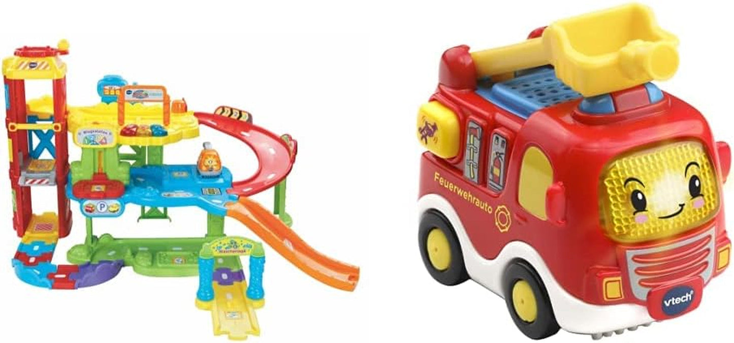 Vtech TUT TUT Baby Flitzer – Parkhaus, bunt, 66,6 x 75,3 x 45,1 cm & TUT TUT Baby Flitzer – Feuerwehrauto – Spielzeugauto mit Musik, Lichtknopf, interessanten Sätzen und Geräuschen Bebe Naty Shop Toys Standardtitel