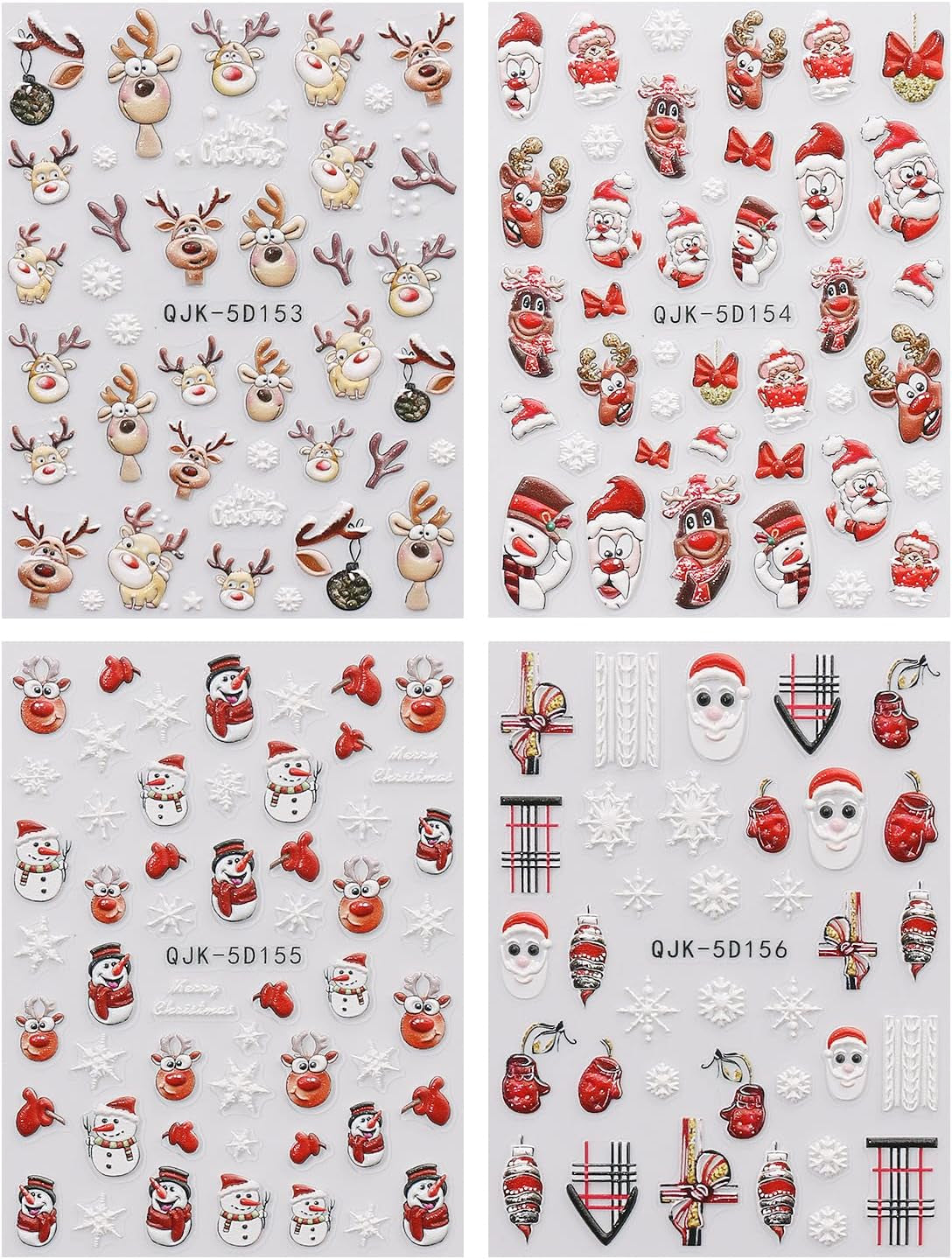 JMEOWIO 3D Nagelsticker Weihnachten Nail Art Sticker Selbstklebend Nagelaufkleber 5D Stereoskopisch Schneeflocke Xmas Winterurlaub Niedliche Dekoration Nageldesign Zubehör 4 Blatt