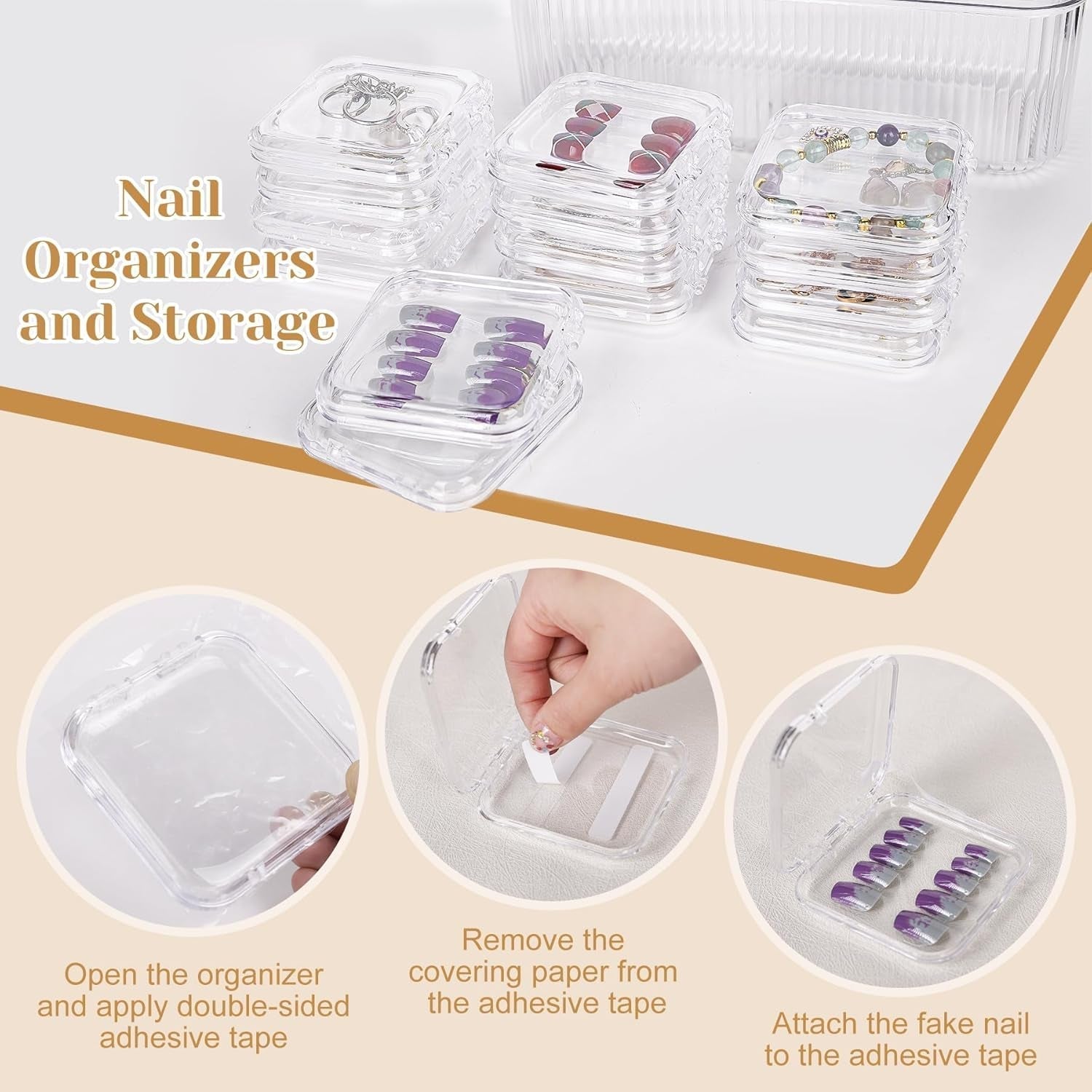 INMORVEN Nagel-Aufbewahrungsbox-Set – 14 transparente Nagelboxen + 1 große Box und 60 Klebescheiben – ideal für die Aufbewahrung von künstlichen Nägeln, Gel-Nagelzubehör und Nagellack (14 Stück in einer Schicht).