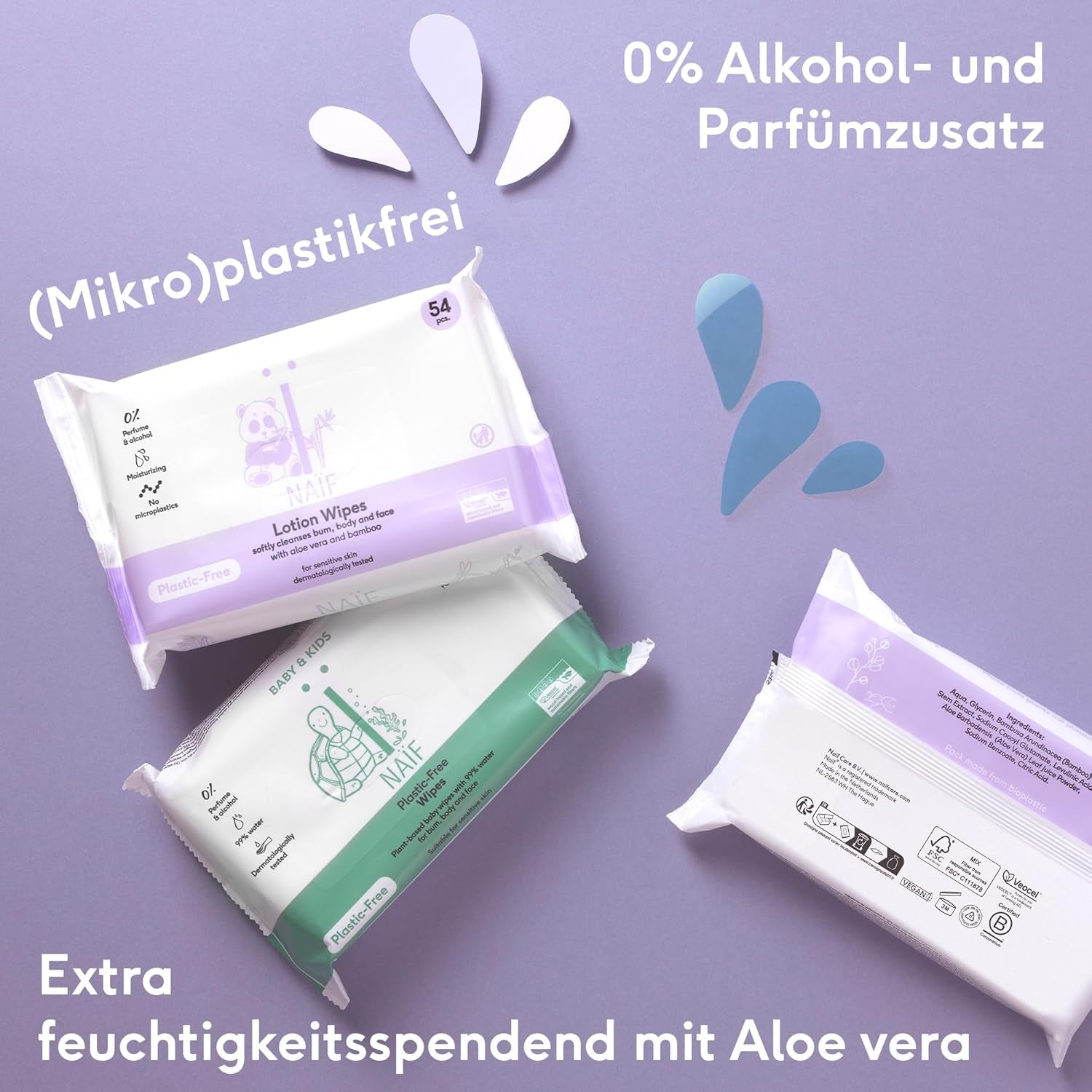 Naïf – Feuchttücher mit plastikfreier Lotion – 1296 Stück (24 Packungen mit 54 Tüchern) – für Babys und Kinder – Po, Körper und Gesicht des Babys – mit Aloe Vera und Bambus – 0 % Duftstoffe und Alkohol
