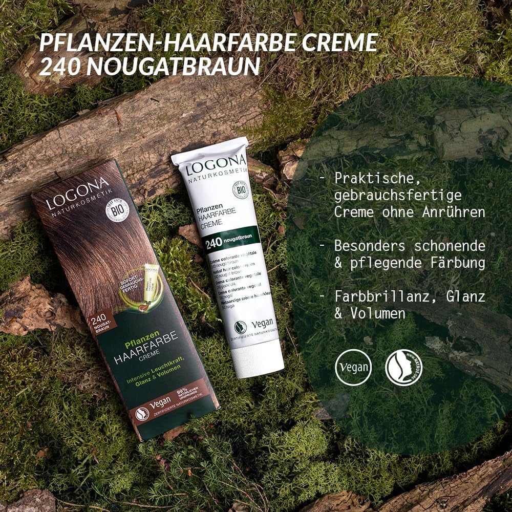 LOGONA Naturkosmetik Pflanzenhaarfarbe Creme 240 Nougatbraun, Naturfarbe für braunes Haar mit Henna, Färbecreme für Brauntöne, Coloration für dunkles Haar, 150ml Haarfarbe Naty Shop