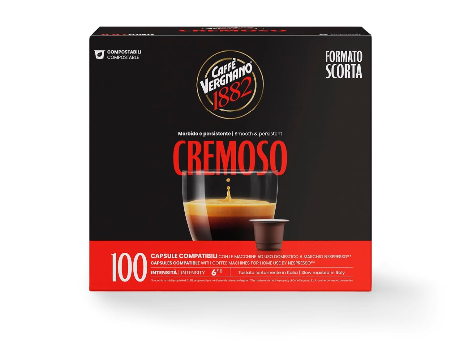 Caffè Vergnano 1882 – Èspresso kompostierbare Kaffeekapseln, kompatibel mit Nespresso, Cremoso (cremig) – Packung enthält 100 Kapseln