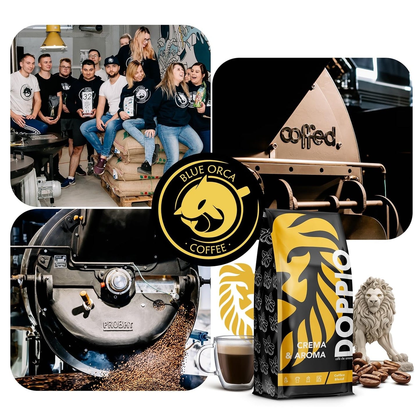 Doppio Creme & Aroma 1KG | Kaffeebohnen 80 % Arabica und 20 % Robusta | mit Noten von Kakao, Nüssen und Karamell | Frisch und mittelstark geröstet, geringer Säuregehalt | für Espresso | Blauer Orca-Kaffee