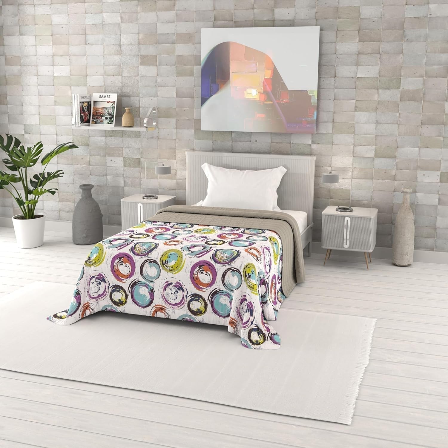 Fantasiebedruckte Sommerdecke, Polyesterfüllung, Blütenblätter, 260 x 270 cm. Bettdecken und Steppdecken Naty Shop Cerchi Astratti 170 x 270 cm
