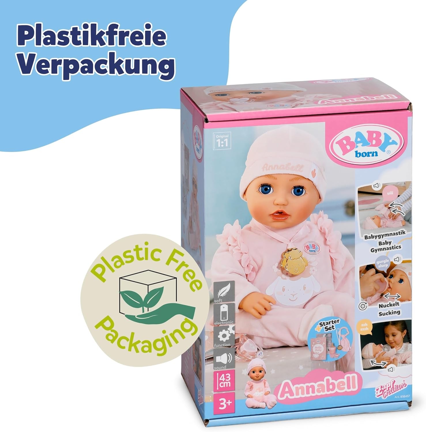 BABY Born Annabell 43 cm – Weiche Puppe mit 7 elektronischen Funktionen und Sound – Geeignet für Kinder ab 3 Jahren – Puppe inklusive Zubehör – Benötigt Batterien