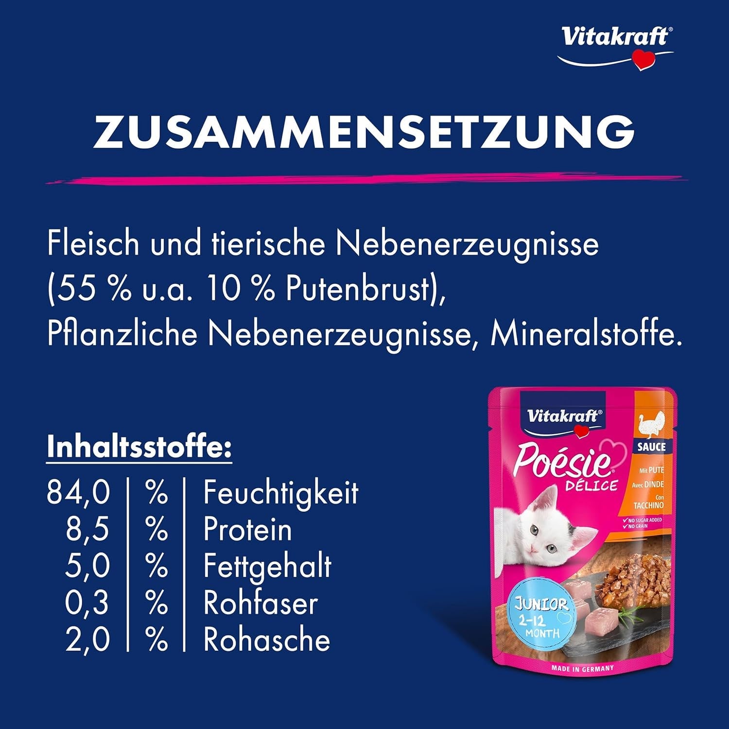 Vitakraft Poésie Délice, Junior, Nassfutter für Katzen, Nassfutter in Soße, mit Truthahn, Multipack, für junge Katzen, Ohne Zucker- oder Getreidezusatz (23 x 85g)