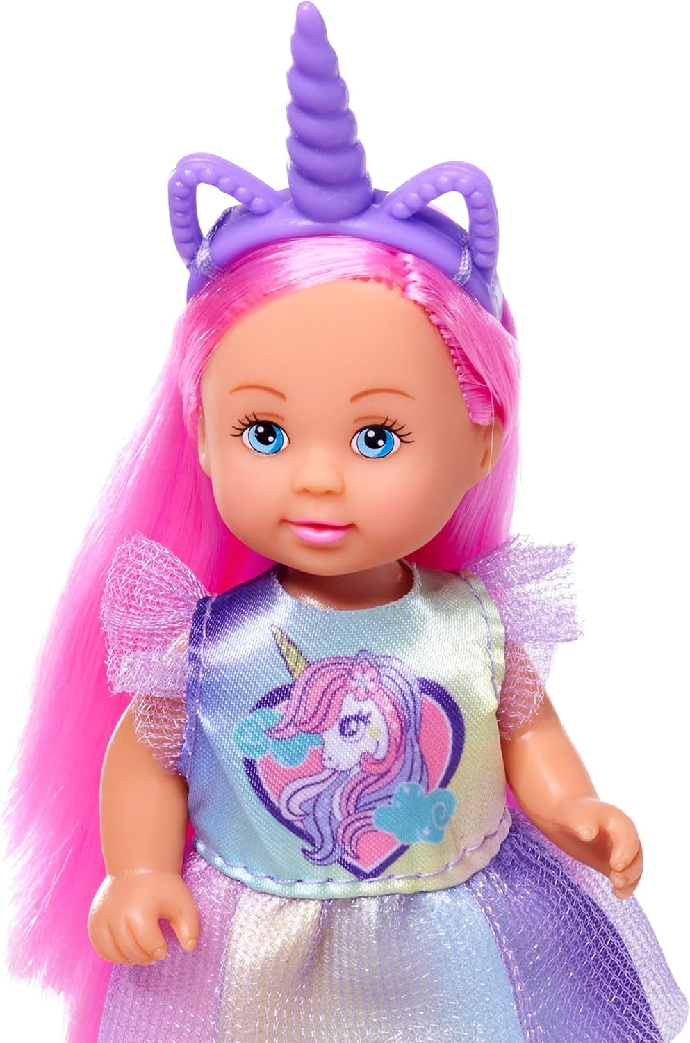Simba Evi Love Einhorn-Spielpuppe trägt ein süßes Einhornkleid mit passendem Stirnband, inklusive Einhorn mit Stall, Äpfeln und einer Trinkflasche, 12 cm, ab 3 Jahren