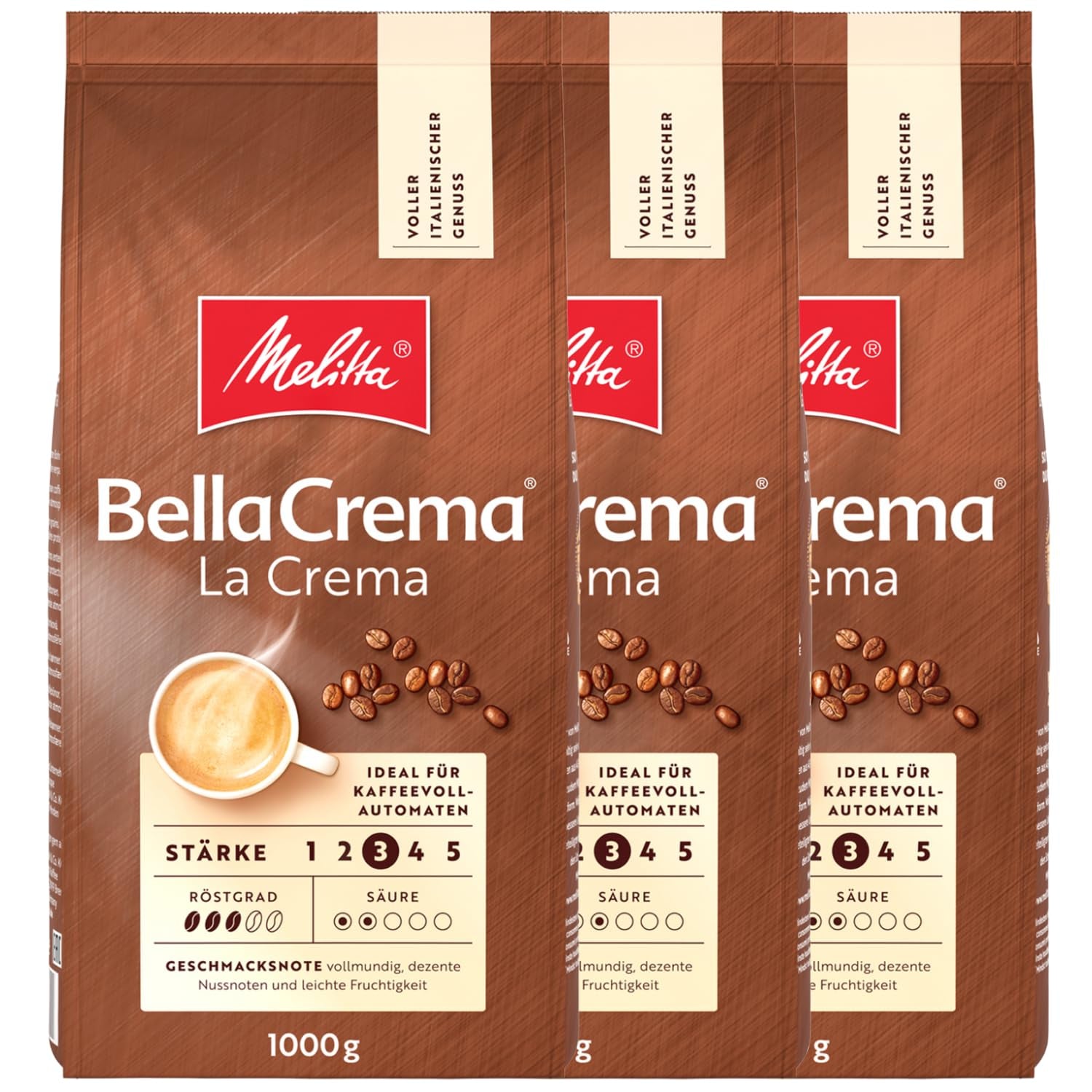 3 Melitta BellaCrema La Crema Kaffeebohnen, mittlere Röstung, je 1 kg