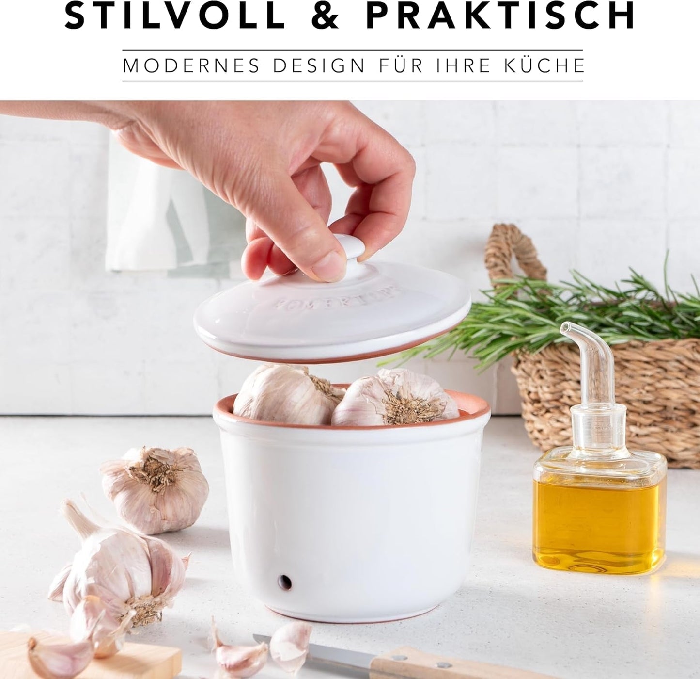 Römertopf Fresh Pot MINI 0,6 Liter – Knoblauchtopf aus Keramik – Atmungsaktiver Ton hält Gemüse länger frisch – Ideale Luftzirkulation – Weiße Frischhaltedosen Naty Shop