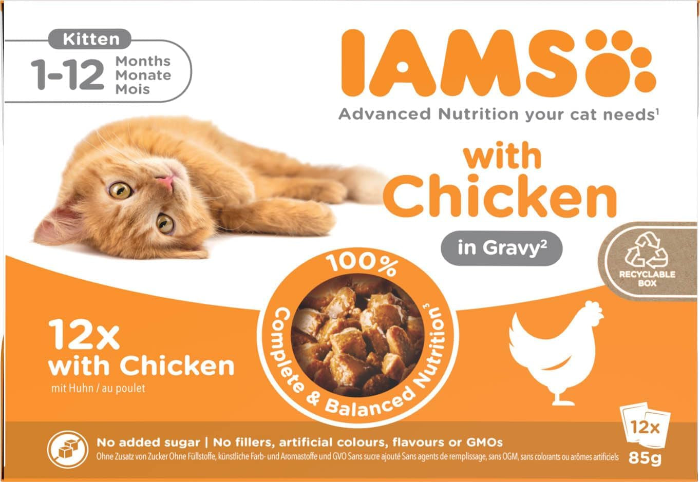 IAMS Delights Kitten Nassfutter - Multipack Katzenfutter mit Hunn in Sauce, hochwertiges Futter für Junior Kätzchen von 1-12 Monaten, 12 x 85 g